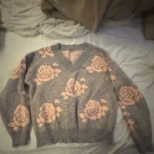Gray sweater with pink roses